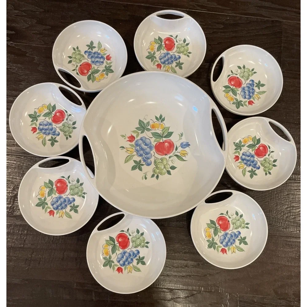 Lenox Ware Melamine Fruit Floral‎ Salad Bowl Set Of 9 St Louis Vintage Handles
